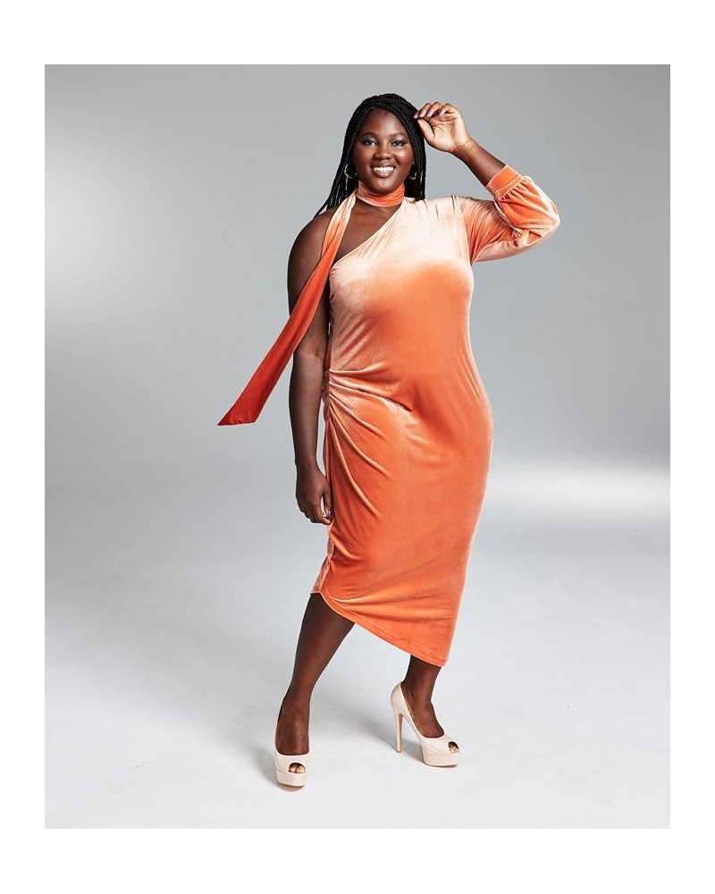 GooGoo Atkins Trendy Plus Size Scarf-Neck One-Sleeve Draped Maxi Dress Desert Peach $27.86 Dresses