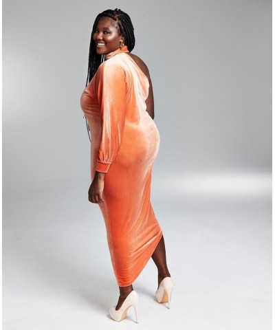 GooGoo Atkins Trendy Plus Size Scarf-Neck One-Sleeve Draped Maxi Dress Desert Peach $27.86 Dresses