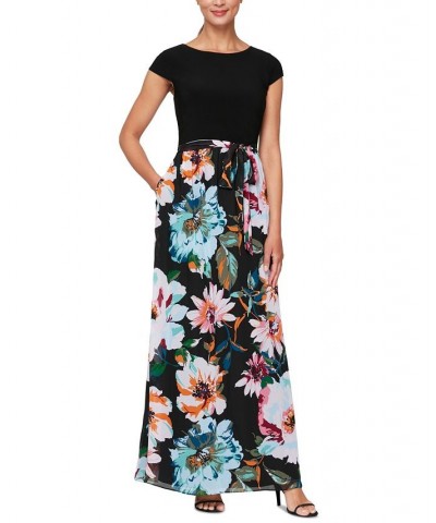 Women's Floral-Print Cap-Sleeve Maxi Dress Black Multi $41.65 Dresses