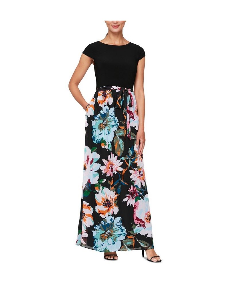 Women's Floral-Print Cap-Sleeve Maxi Dress Black Multi $41.65 Dresses