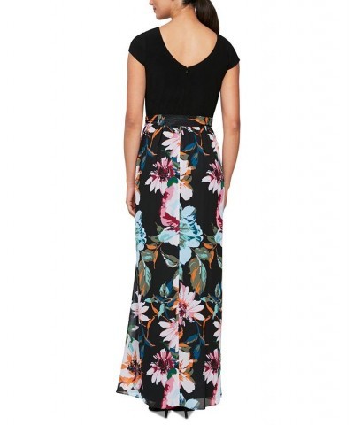 Women's Floral-Print Cap-Sleeve Maxi Dress Black Multi $41.65 Dresses