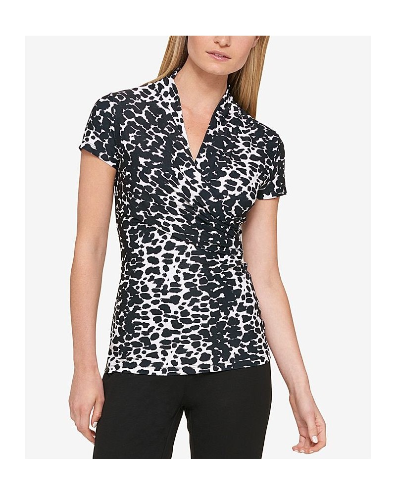 Petite Animal-Print Draped Surplice Blouse Black/White $27.73 Tops