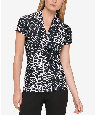 Petite Animal-Print Draped Surplice Blouse Black/White $27.73 Tops