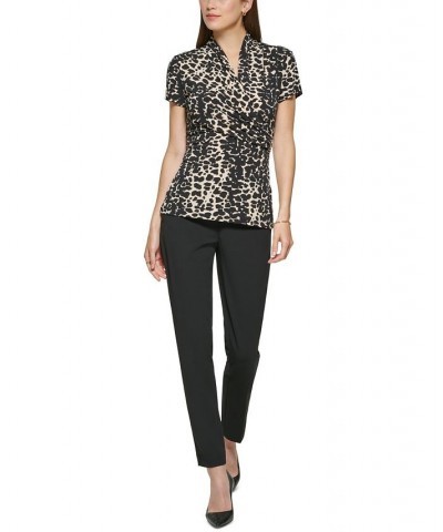 Petite Animal-Print Draped Surplice Blouse Black/White $27.73 Tops