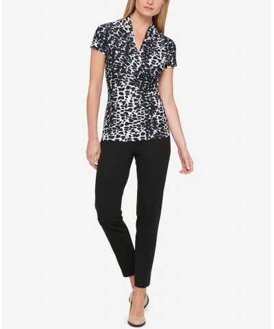 Petite Animal-Print Draped Surplice Blouse Black/White $27.73 Tops