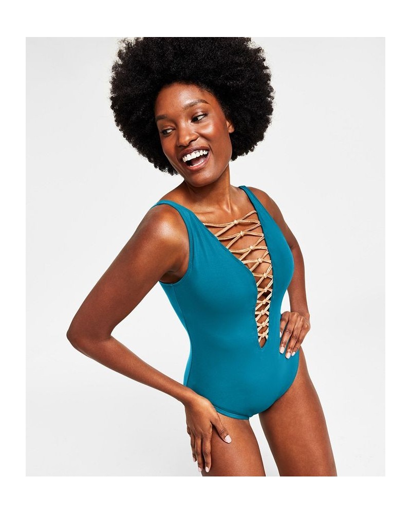 Women's Core-Lace-Down Mio One-Piece Swimsuit Blue $49.98 Swimsuits