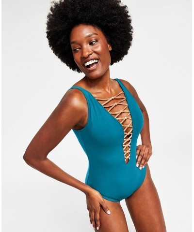 Women's Core-Lace-Down Mio One-Piece Swimsuit Blue $49.98 Swimsuits