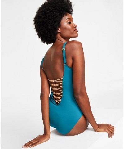 Women's Core-Lace-Down Mio One-Piece Swimsuit Blue $49.98 Swimsuits