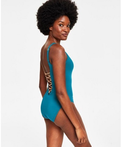 Women's Core-Lace-Down Mio One-Piece Swimsuit Blue $49.98 Swimsuits