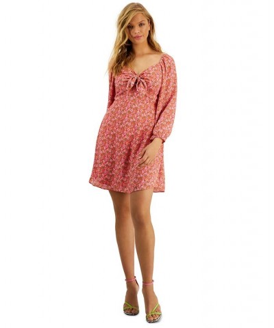 Women's Printed Tie-Front Blouson-Sleeve Dress Bright Cherry Multi $27.73 Dresses