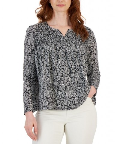 Women's Floral-Print Smocked Knit Top Black $15.48 Tops