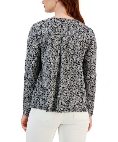 Women's Floral-Print Smocked Knit Top Black $15.48 Tops