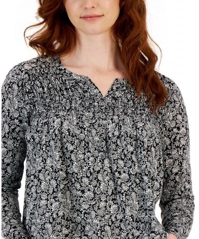 Women's Floral-Print Smocked Knit Top Black $15.48 Tops