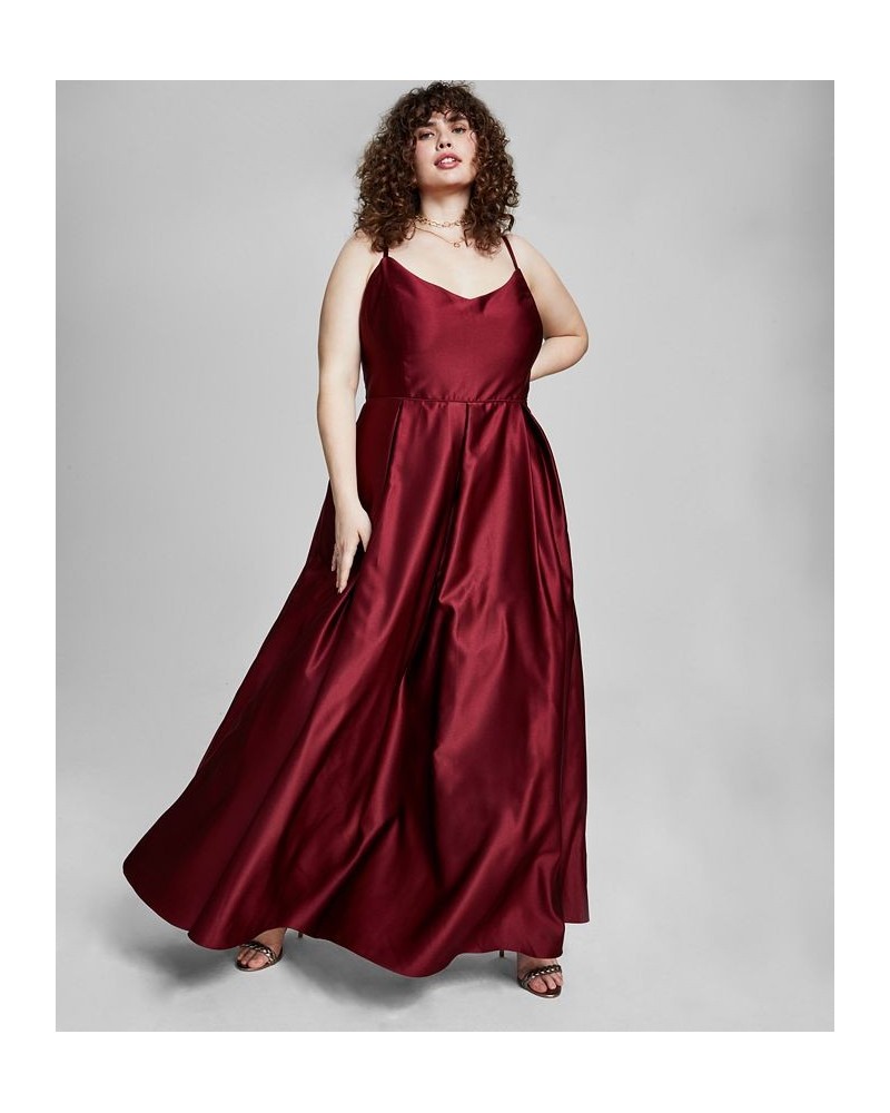 Trendy Plus Size Satin V-Neck Ball Gown Wine $49.41 Dresses