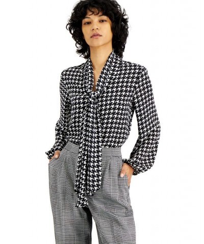 Women's Houndstooth Printed Long Sleeve Blouse Bar Black/White $28.70 Tops