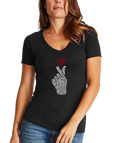 Women's K-Pop Word Art V-neck T-shirt Black $17.15 Tops
