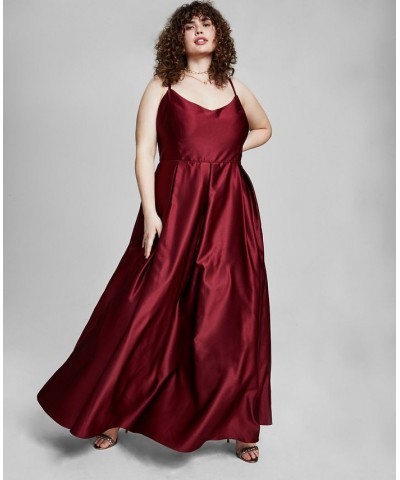 Trendy Plus Size Satin V-Neck Ball Gown Wine $49.41 Dresses