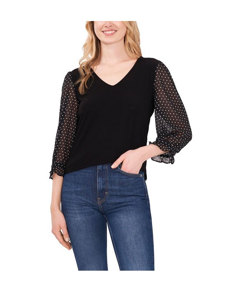 Women's V-neck Polka Dot Sleeve Top Rich Black $26.73 Tops