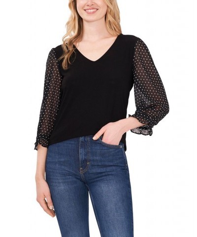 Women's V-neck Polka Dot Sleeve Top Rich Black $26.73 Tops