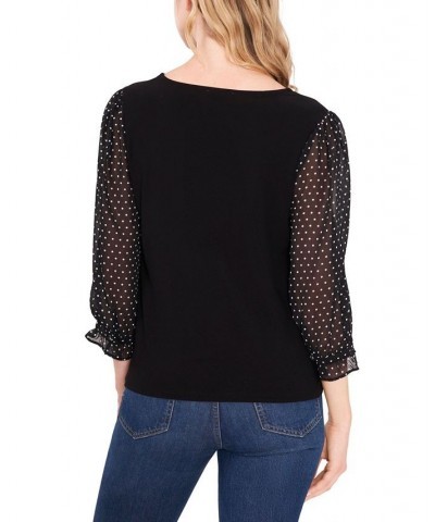 Women's V-neck Polka Dot Sleeve Top Rich Black $26.73 Tops