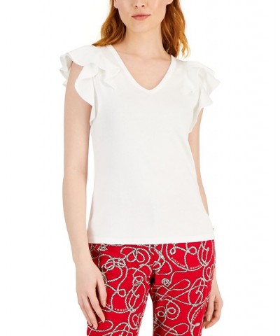 Women's Solid Ruffled-Sleeve V-Neck Top White $18.63 Tops