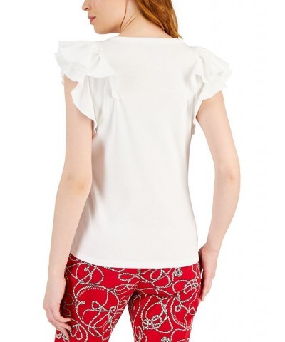 Women's Solid Ruffled-Sleeve V-Neck Top White $18.63 Tops