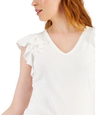 Women's Solid Ruffled-Sleeve V-Neck Top White $18.63 Tops