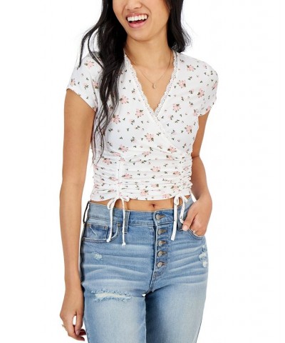 Crave Fame Juniors' Printed Surplice-Neck Ruched Top Ivory Combo $18.00 Tops
