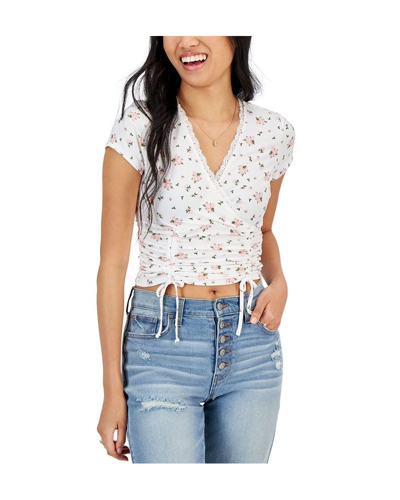 Crave Fame Juniors' Printed Surplice-Neck Ruched Top Ivory Combo $18.00 Tops