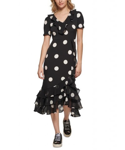 Women's Polka-Dot Ruffled Maxi Dress Black/ White $51.84 Dresses