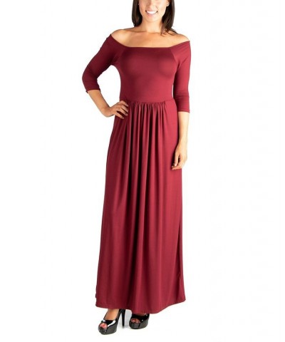 Women's Off Shoulder Pleated Waist Maxi Dress Wine $26.69 Dresses