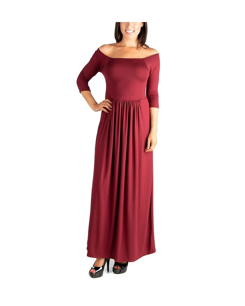 Women's Off Shoulder Pleated Waist Maxi Dress Wine $26.69 Dresses