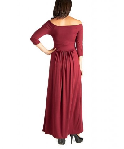 Women's Off Shoulder Pleated Waist Maxi Dress Wine $26.69 Dresses