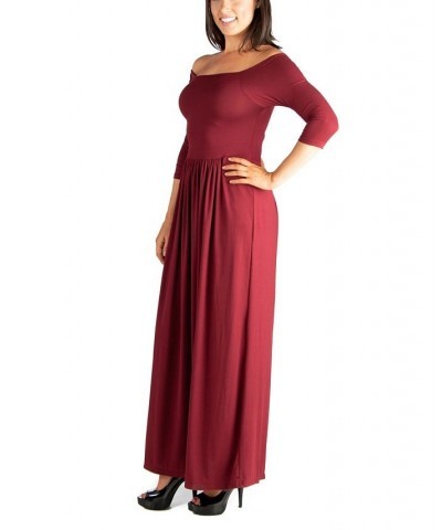 Women's Off Shoulder Pleated Waist Maxi Dress Wine $26.69 Dresses