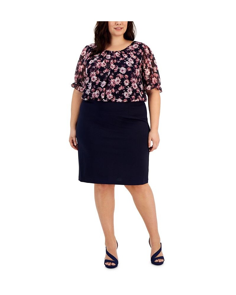 Plus Size Floral-Print-Bodice Sheath Dress Navy/Mauve $45.39 Dresses