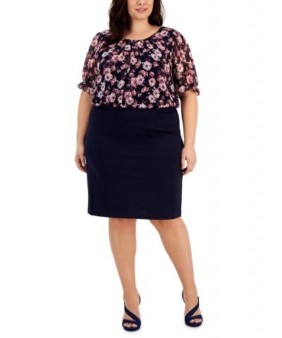 Plus Size Floral-Print-Bodice Sheath Dress Navy/Mauve $45.39 Dresses