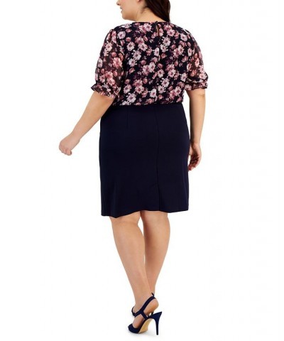 Plus Size Floral-Print-Bodice Sheath Dress Navy/Mauve $45.39 Dresses