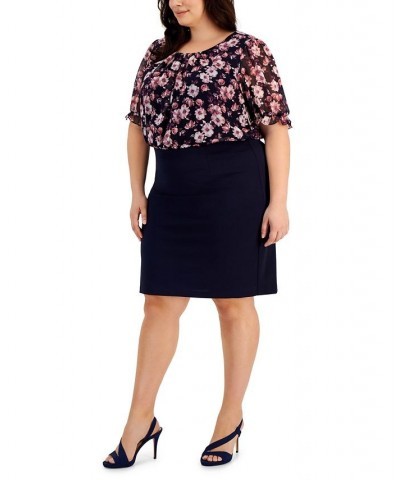 Plus Size Floral-Print-Bodice Sheath Dress Navy/Mauve $45.39 Dresses