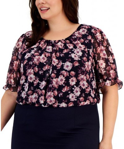 Plus Size Floral-Print-Bodice Sheath Dress Navy/Mauve $45.39 Dresses