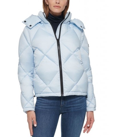Women's Quilted Cropped Hooded Puffer Coat Blue $72.20 Coats