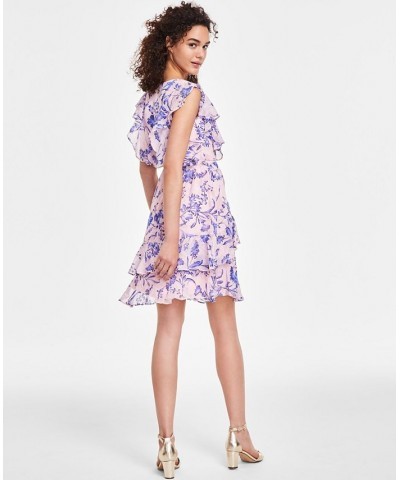 Women's Floral-Print Flutter-Sleeve Tie-Waist Dress Pink $58.38 Dresses