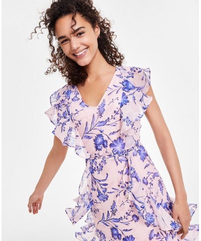 Women's Floral-Print Flutter-Sleeve Tie-Waist Dress Pink $58.38 Dresses