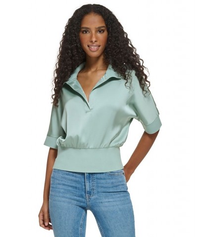 Women's Short Sleeve Collared Satin Shirt Green $44.78 Tops