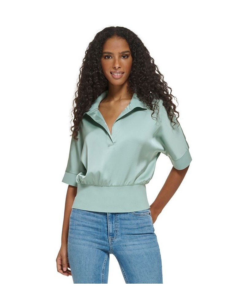 Women's Short Sleeve Collared Satin Shirt Green $44.78 Tops