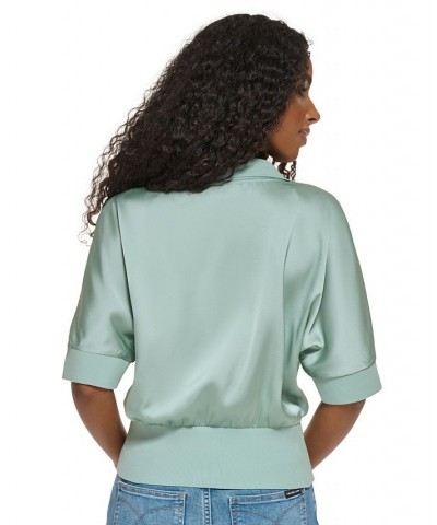 Women's Short Sleeve Collared Satin Shirt Green $44.78 Tops