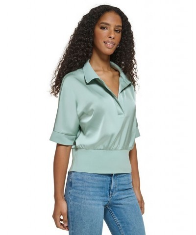 Women's Short Sleeve Collared Satin Shirt Green $44.78 Tops