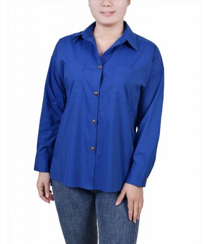 Petite Long Sleeve Blouse with Chest Pockets Blue $13.76 Tops