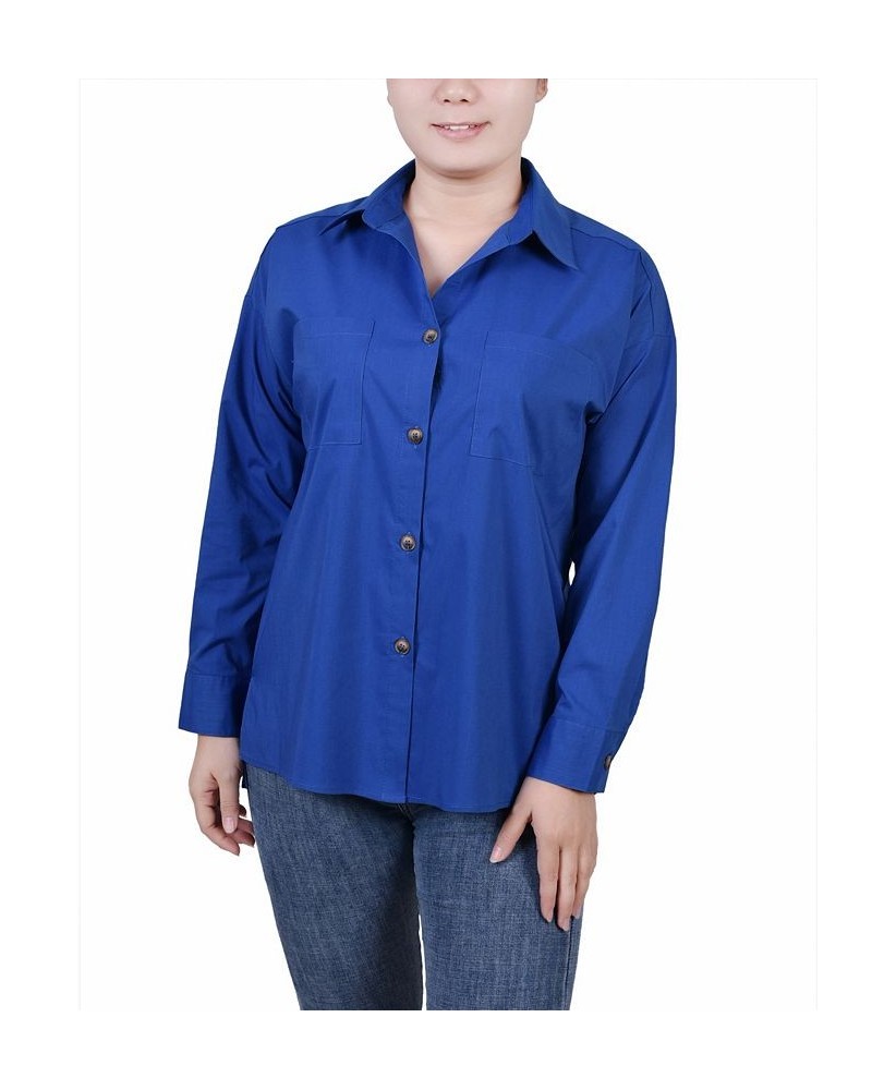 Petite Long Sleeve Blouse with Chest Pockets Blue $13.76 Tops