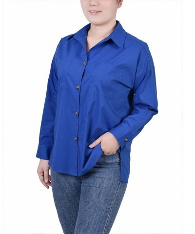 Petite Long Sleeve Blouse with Chest Pockets Blue $13.76 Tops