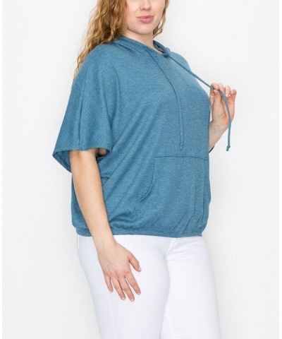 Plus Size Batwing Pocket Hoodie Blue $27.26 Sweatshirts